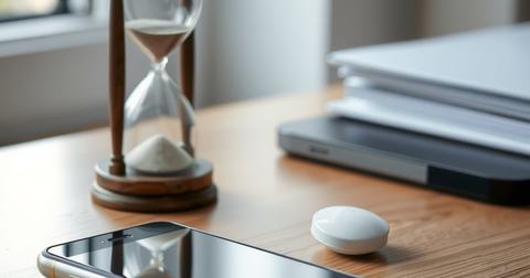Zandloper naast een omgekeerde smartphone op een bureau