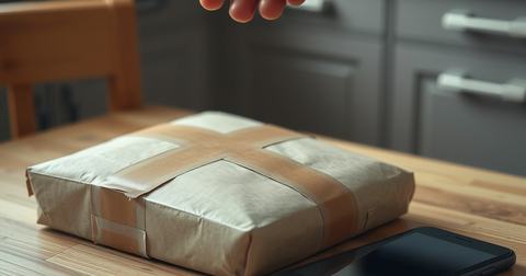 Verpakt pakket op een keukentafel naast een omgekeerde smartphone