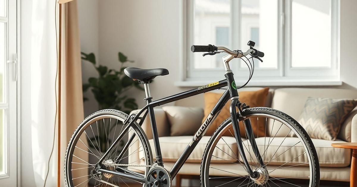 Fiets en staande lamp in een lichte woonkamer, klaar om tweedehands te verkopen