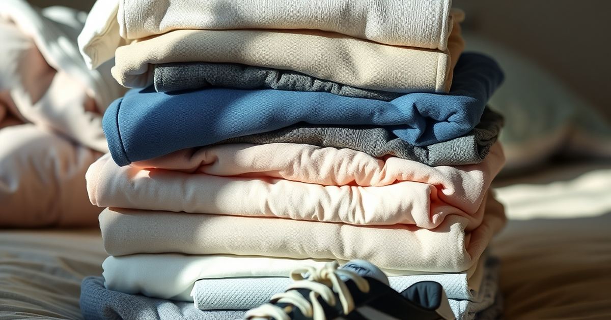 Stapel opgevouwen kleding en sneakers op een bed in zacht daglicht