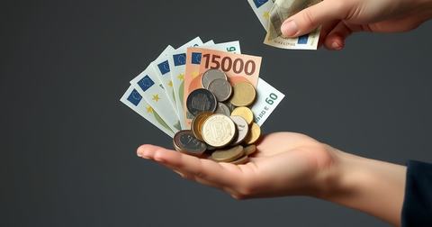 Bankbiljetten en munten in een open hand terwijl een andere hand een biljet wegtrekt