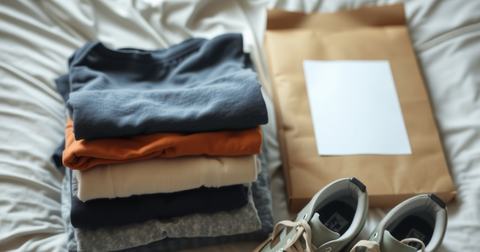 Opgevouwen kleding en sneakers op een bed naast een bruin papieren pakket